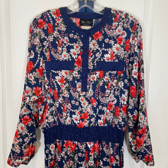 Diane Freis Vintage 80's Dress Navy Floral Long Sleeve Midi Retro Belted M / L - Picture 3 of 5